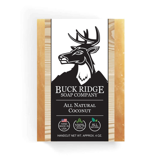 Buck Ridge All Natural Coconut Handmade Soap bar featuring eco-friendly packaging and a deer logo, weighing 4 oz.