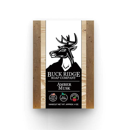 Buck Ridge Amber Musk Handmade Soap packaging, featuring earthy colors and natural ingredients for a subtle fragrance.