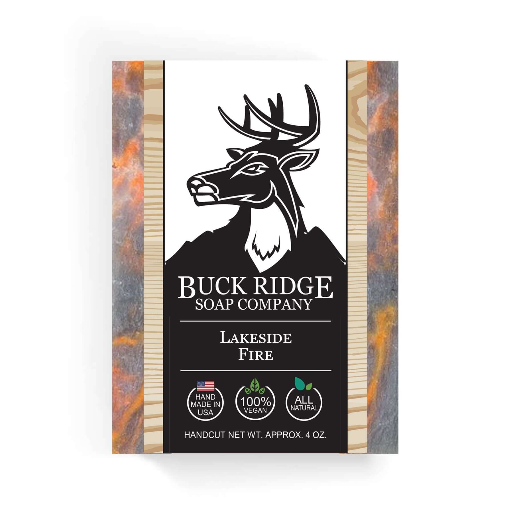 Buck Ridge Soap Company Lakeside Fire handcrafted soap with natural ingredients, vibrant colors, and eco-friendly packaging.