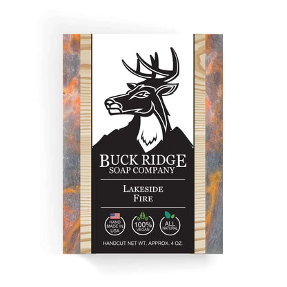 Buck Ridge Soap Company Lakeside Fire handcrafted soap with natural ingredients, vibrant colors, and eco-friendly packaging.