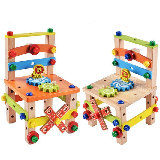 Colorful wooden children's chairs with building blocks for creative play, safe and non-toxic for young builders.