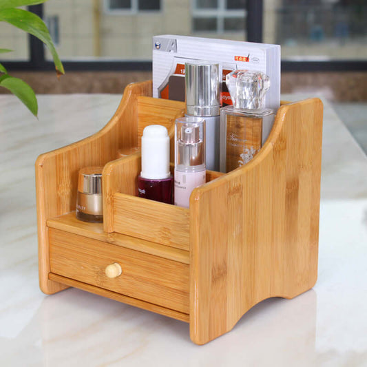 Bamboo storage box organizer featuring compartments for cosmetics and essential items, adding elegance to home decor.