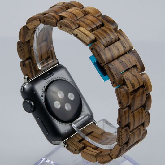 Handmade wooden Apple Watch band made from natural ebony wood, showcasing unique grain patterns and fit for Series 1-8 & SE.