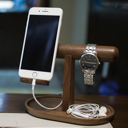 🌿 Wood Organizer for Phone, Watch & Jewelry  Handcrafted Elegance | 100% Maple Wood | Walnut or Ash Finish