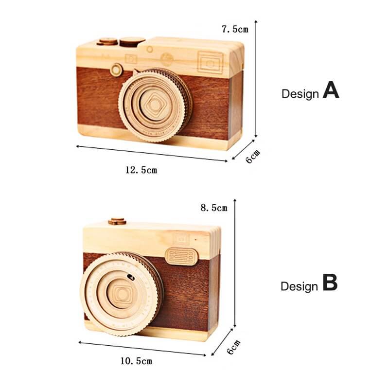 Wood Camera Music Box designs A and B, showcasing detailed craftsmanship and compact size.