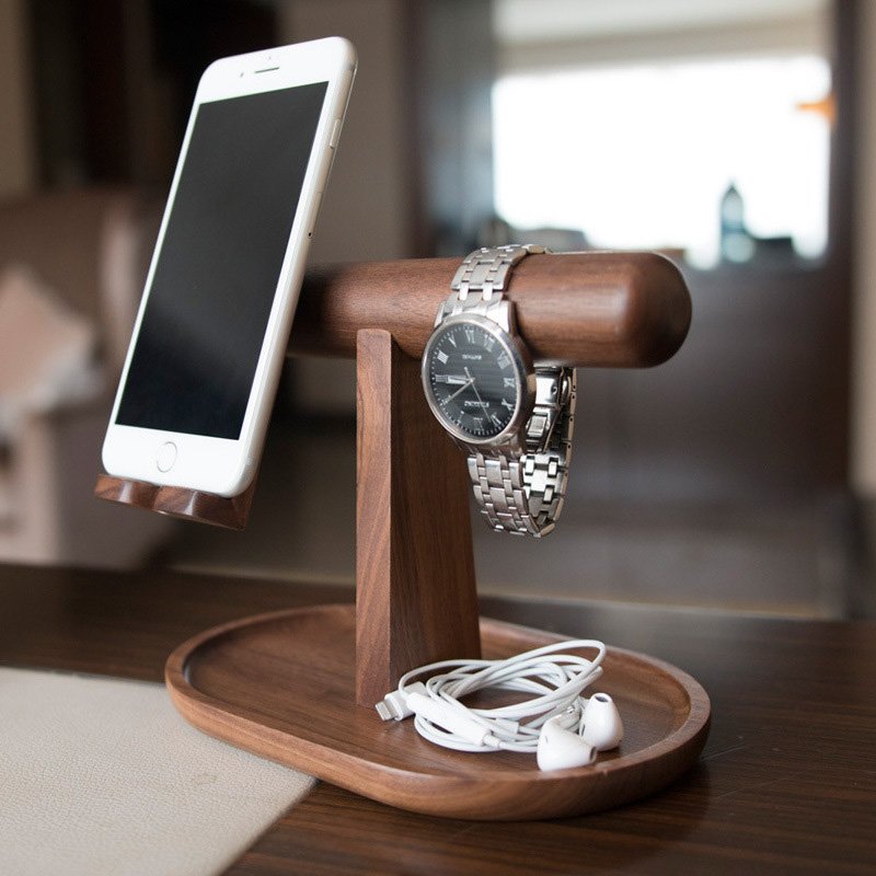 🌿 Wood Organizer for Phone, Watch & Jewelry  Handcrafted Elegance | 100% Maple Wood | Walnut or Ash Finish