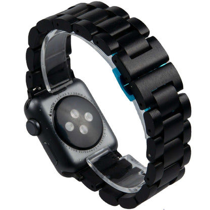 Handmade wooden Apple Watch band made of natural ebony wood, designed for all Apple Watch models including Series 1-8 and SE.