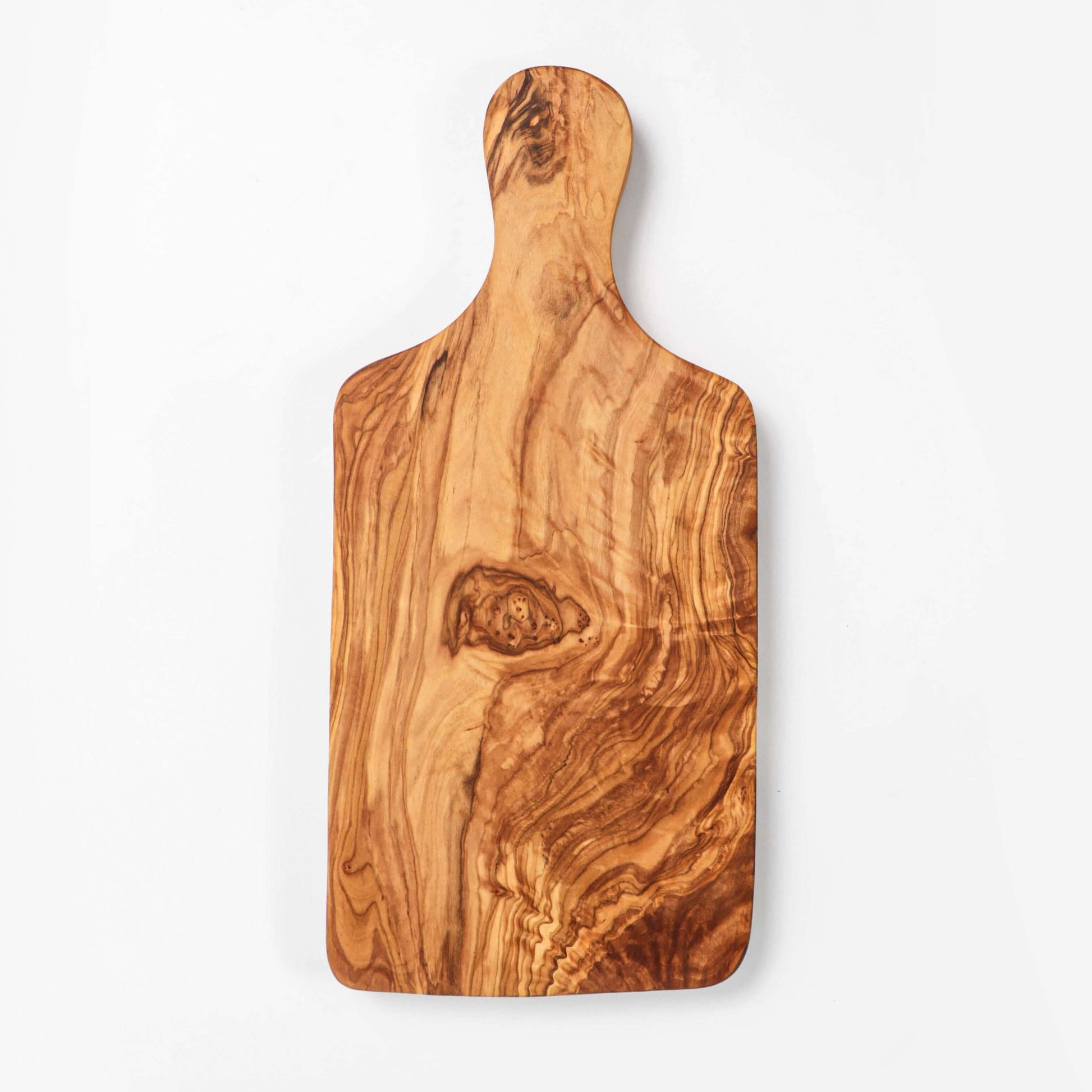 Handmade olive wood cutting board with handle, featuring a rustic design and durable finish, perfect for meal prep.