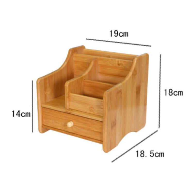 Bamboo storage box organizer with compartments and drawer, eco-friendly design, dimensions 19cm x 18.5cm x 14cm.