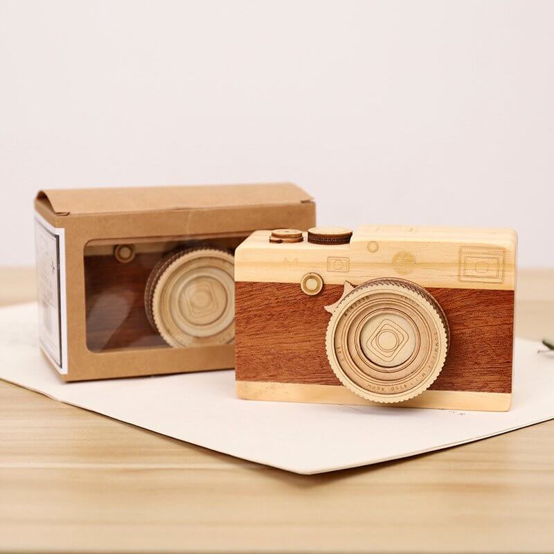 Wood Camera Music Box in packaging, showcasing fine craftsmanship and vintage design.
