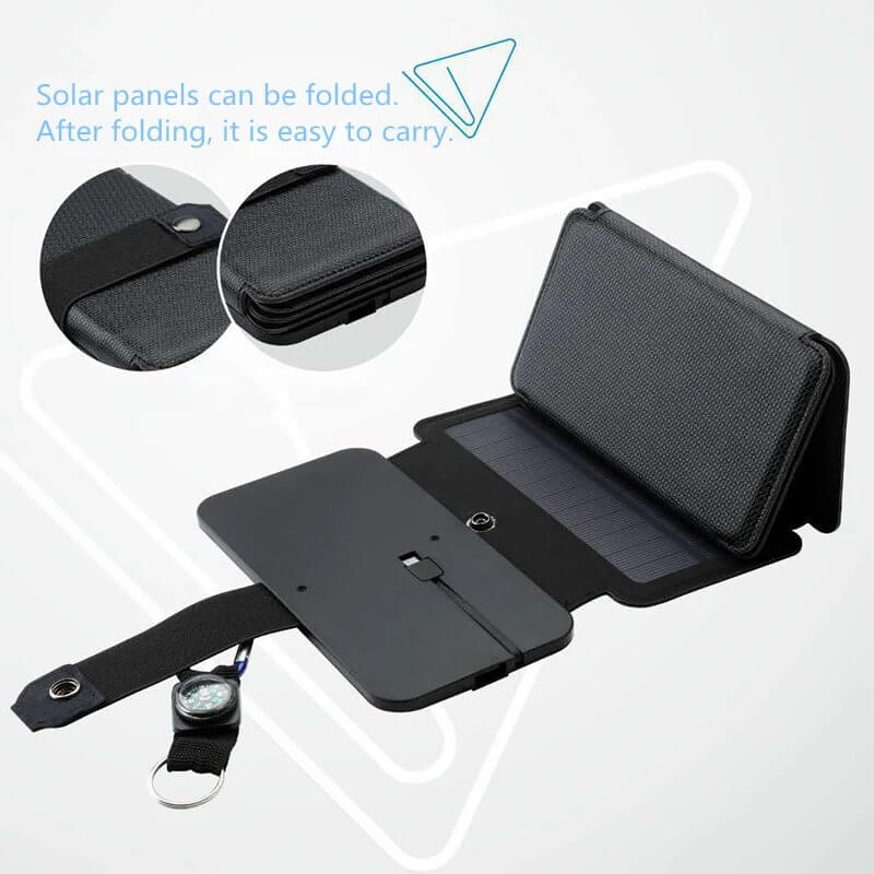 Folding solar charger with compact design, solar panels, and compass for outdoor use.