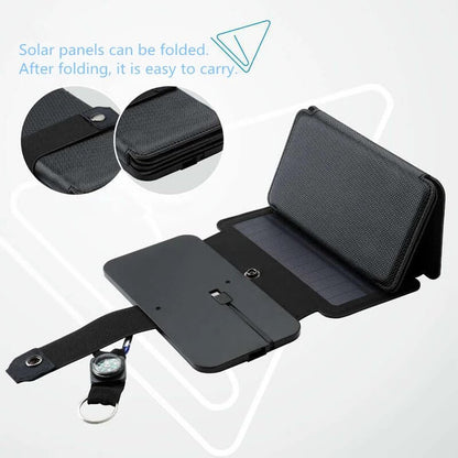 Folding solar charger with compact design, solar panels, and compass for outdoor use.