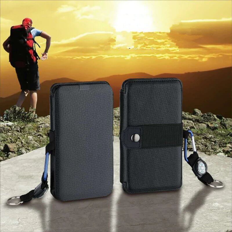 Folding solar charger featured with outdoor backdrop, perfect for travel and powering devices on-the-go.