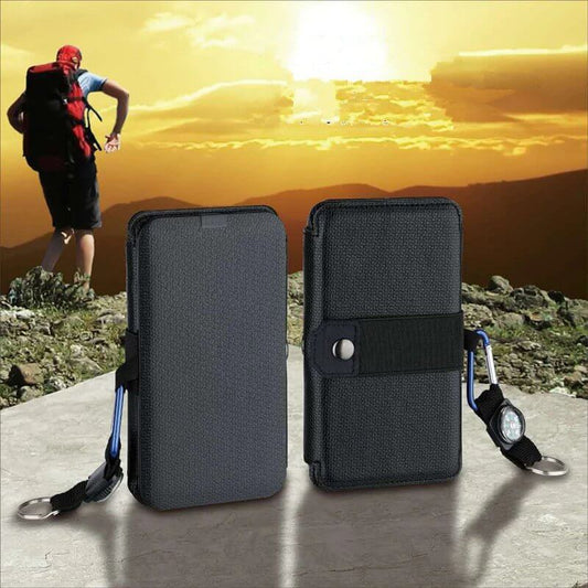Folding solar charger featured with outdoor backdrop, perfect for travel and powering devices on-the-go.