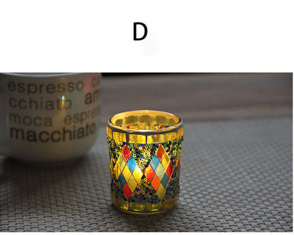 Colorful handmade glass candle holder with mosaic design, perfect for tealights in any home decor.