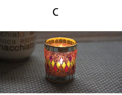 Handmade glass tealight holder with colorful mosaic design, perfect for home decor and gifting.