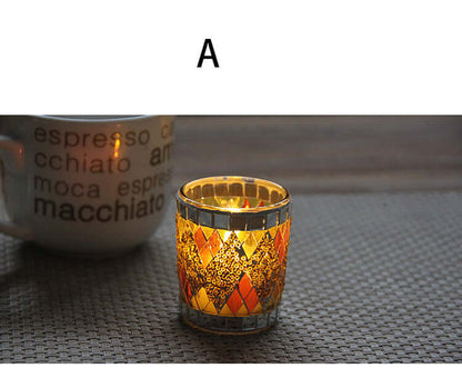 Handmade glass mosaic tealight holder with colorful patterns, perfect for home decor and gifting.