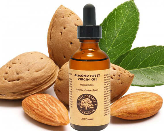 Almond Sweet Virgin Oil bottle with almonds and leaves, organic, cold-pressed moisturizer for skin care.