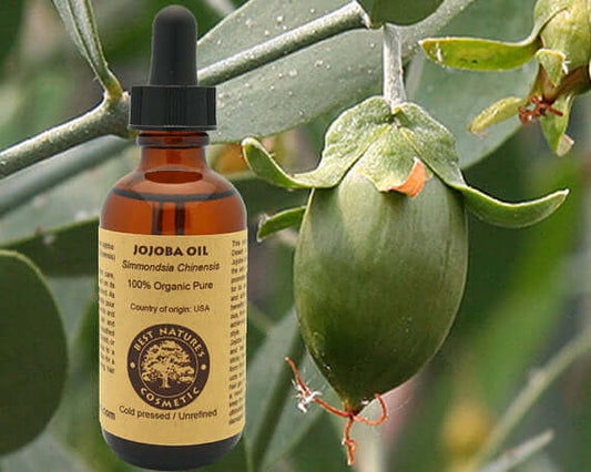 100% pure organic jojoba oil bottle with jojoba plant, natural moisturizer from the Sonora Desert, USA.