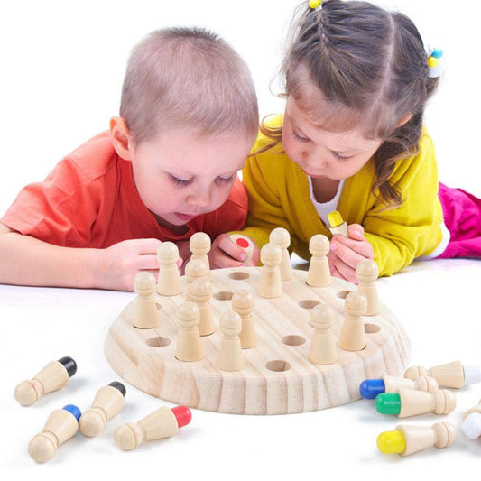 Kids playing with a colorful wooden memory match stick chess game, enhancing creativity and cognitive skills.