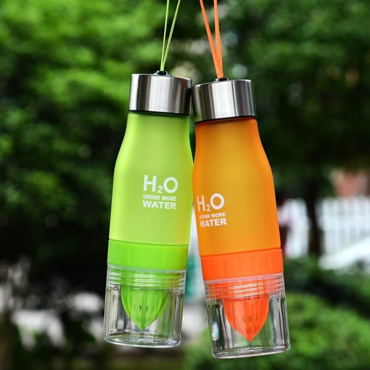 Two lemon fruit juicer bottles in green and orange, featuring citrus press, stainless steel cap, and water infusion design.