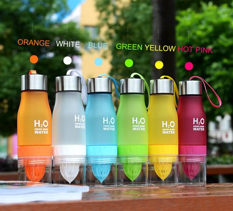 Colorful Lemon Juicer Bottles in Orange, White, Blue, Green, Yellow, and Hot Pink, perfect for juice extraction and infusing water.