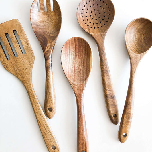 Natural acacia wood kitchen utensil set featuring five beautifully crafted, lightweight, and durable cooking tools.