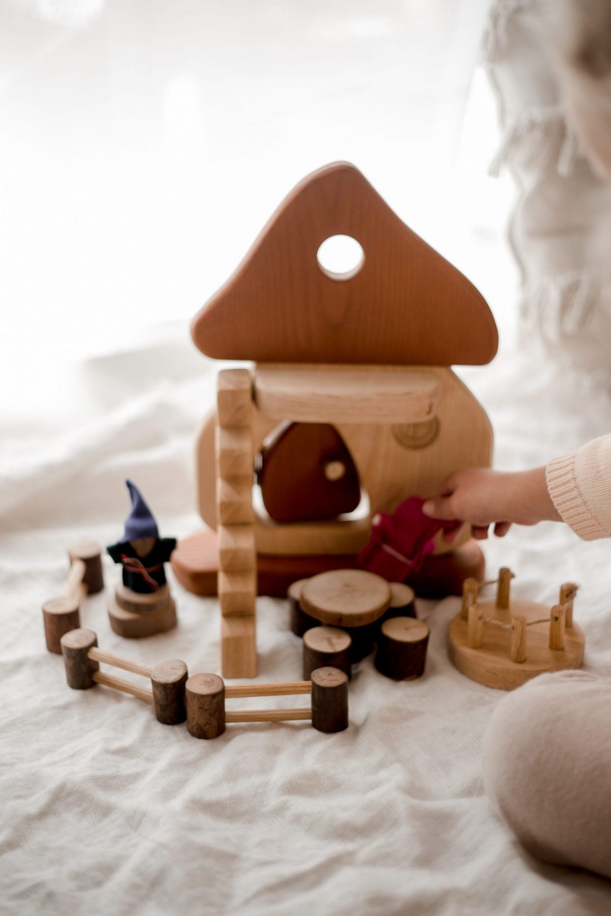 Natural Mushroom House play set for kids, eco-friendly wooden toy inspiring creative imagination.