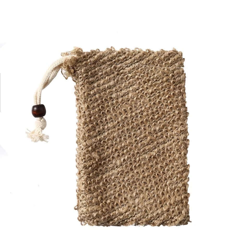 Natural organic handmade jute soap bag for zero waste hygiene, ideal for gentle skin peeling and soap transportation.