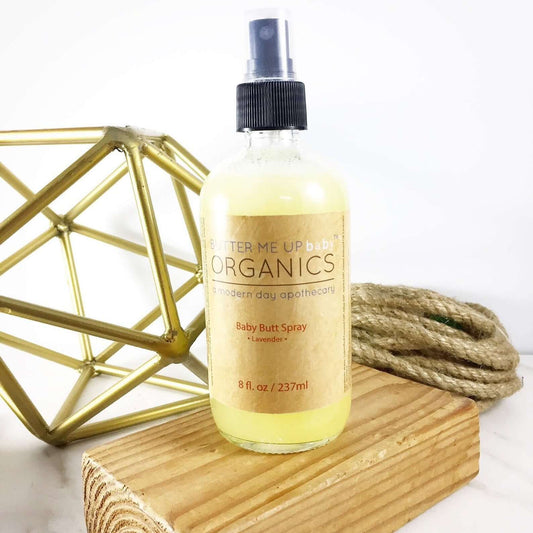 Organic Baby Butt Spray in an 8 oz bottle, featuring a lavender scent and pump mister for easy use during diaper changes.
