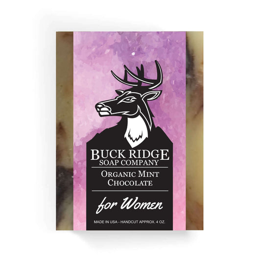 Organic Mint Chocolate Soap for Women by Buck Ridge Soap Company, featuring a vibrant purple label and deer logo.