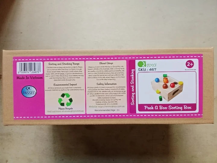 Peek-a-Boo Sorting Box packaging highlighting eco-friendliness and age recommendation for kids 2 and up.