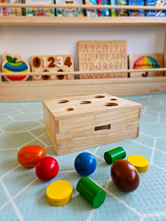 Peek-a-Boo Sorting Box wooden Montessori toy with colorful shapes for children's learning and play.