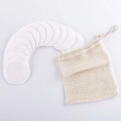10 organic bamboo cotton facial pads with reusable mesh bag for eco-friendly skincare.