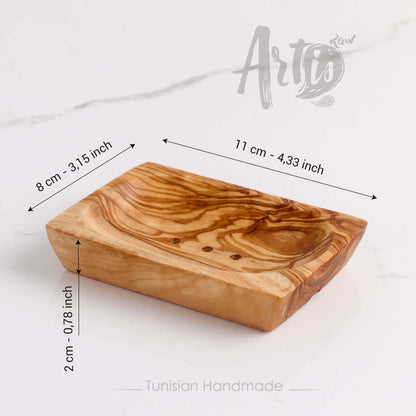 Handmade olive wood soap dish, rectangular shape with smooth edges, size 11cm x 8cm, eco-friendly and moisture-resistant.