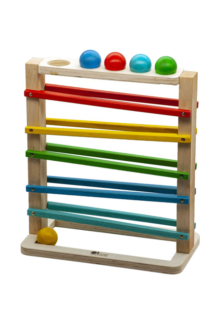 Colorful wooden ball run toy for toddlers, promoting hand-eye coordination and motor skills.