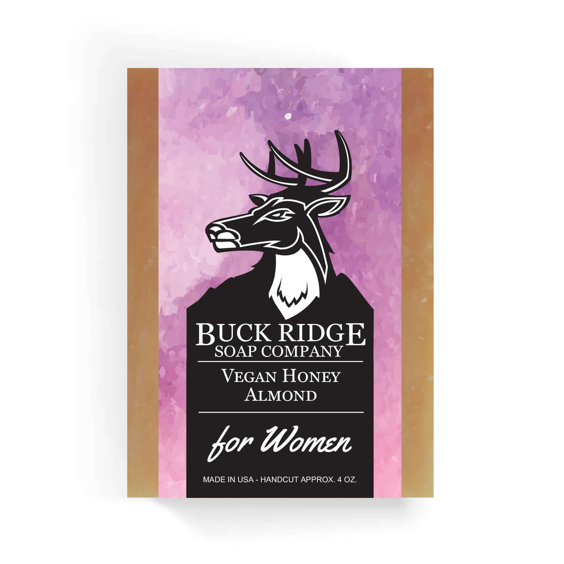 Vegan Honey Almond Handmade Soap packaging by Buck Ridge Soap Company for women, featuring a deer logo and vibrant design.